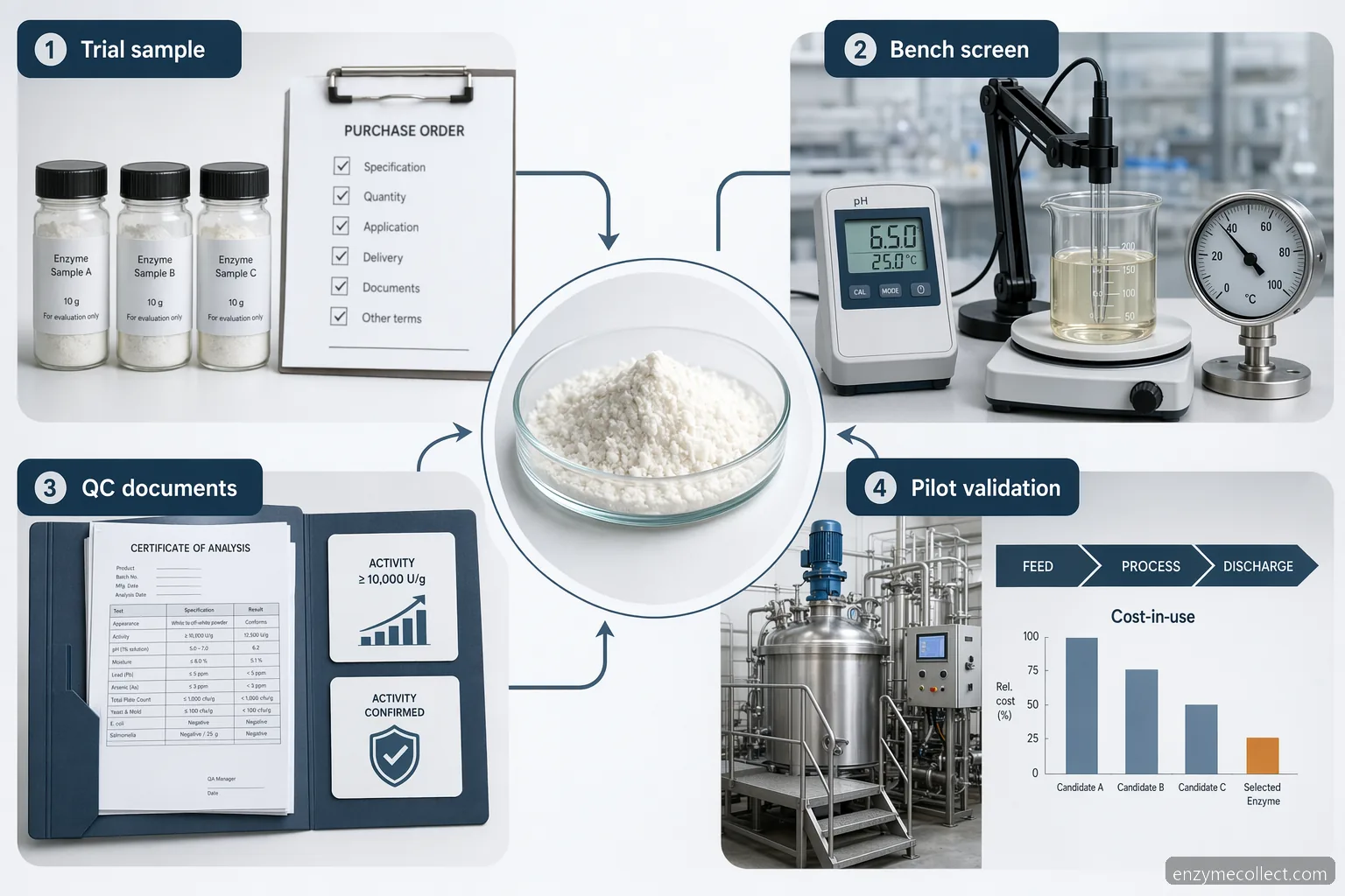 enzyme testing supplier for testing sample service infographic with trial order, QC, pilot validation, and cost checks