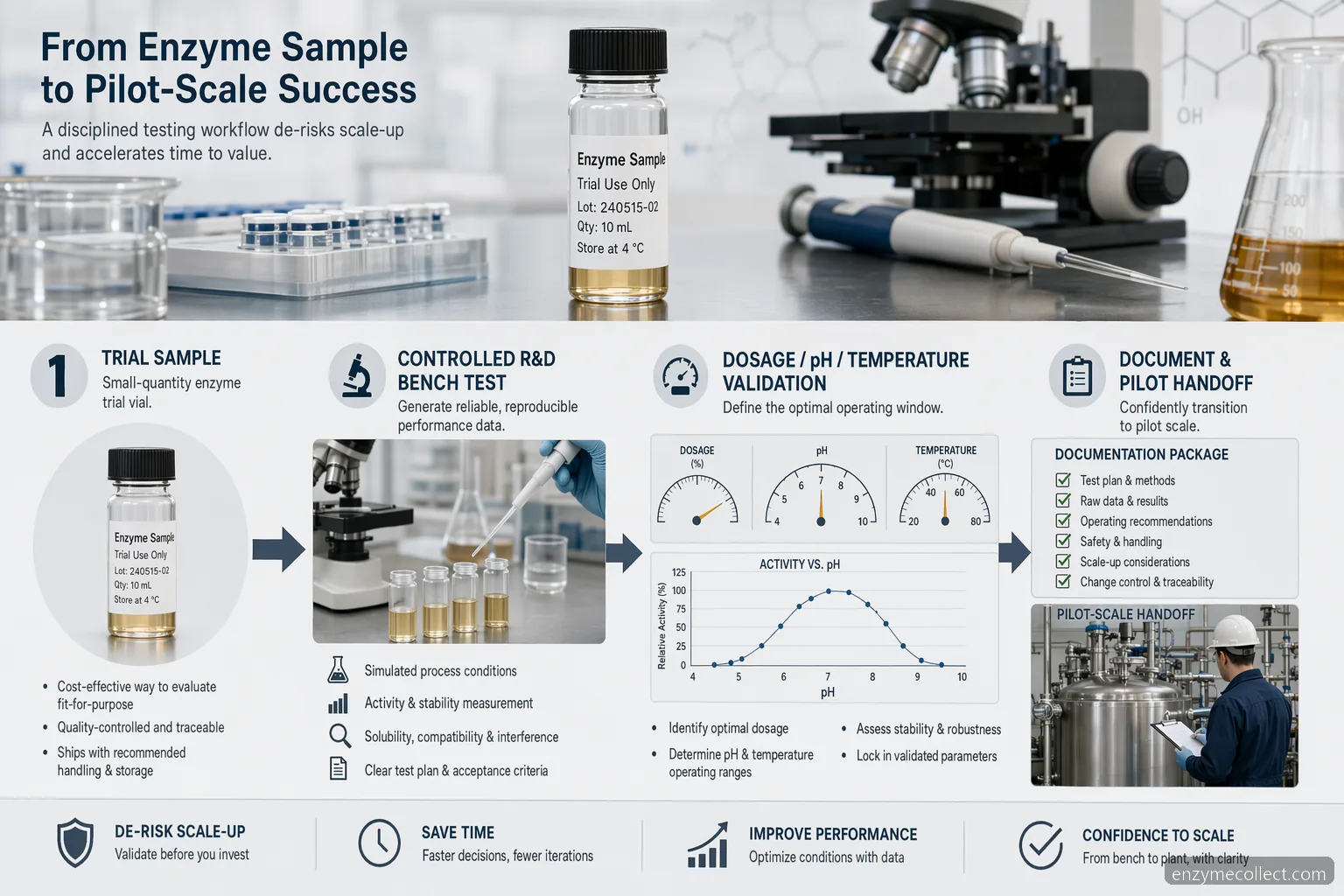 enzyme trial order supplier for r&d guide: sample vials, test parameters, documents, and pilot validation steps