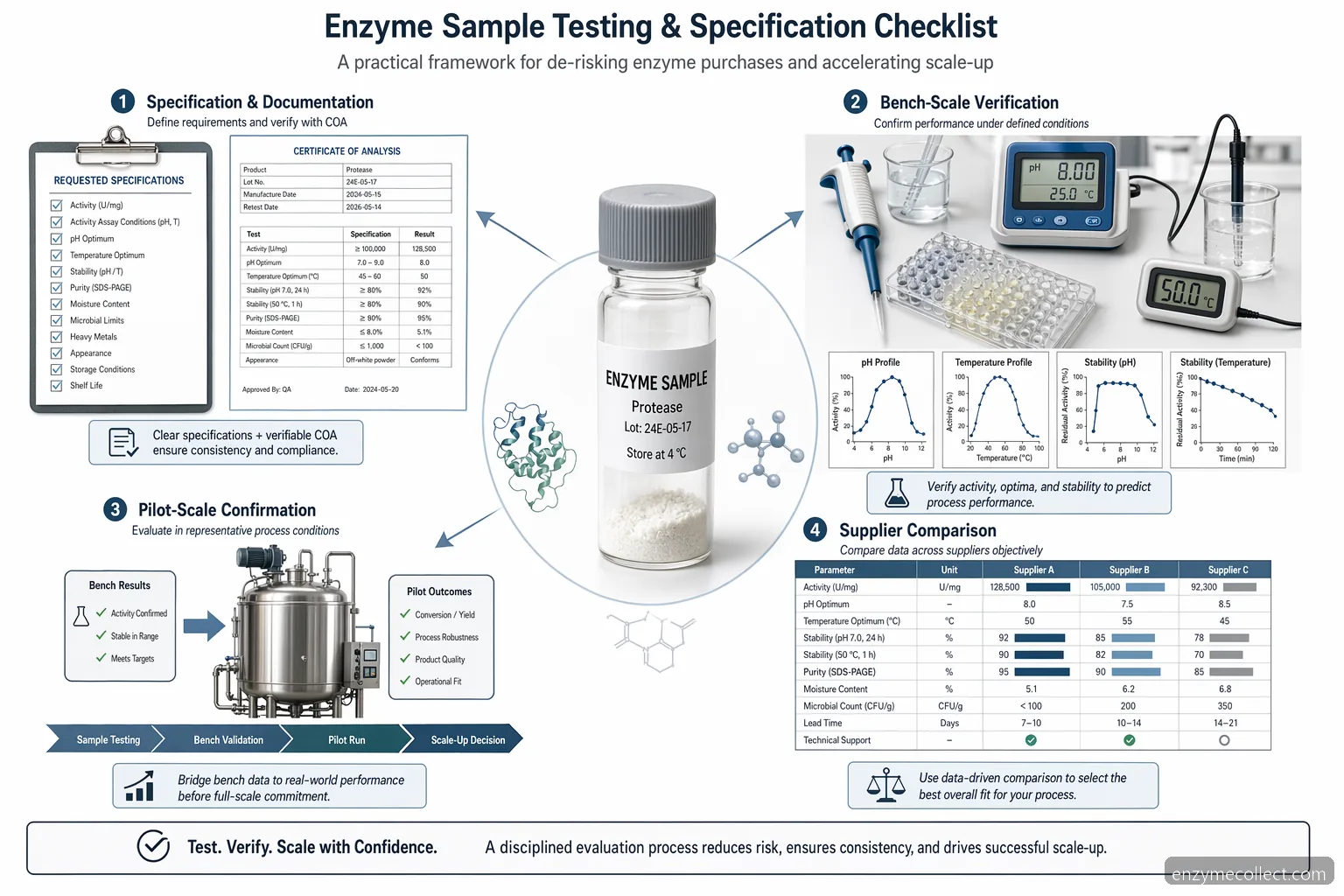 industrial enzyme samples testing specification checklist with sample vial, documents, bench test, and pilot scale icons