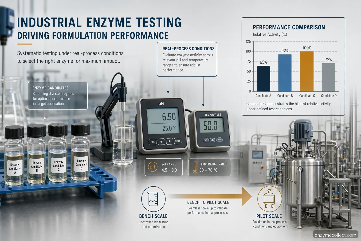industrial enzyme testing r&d for formulation development, infographic showing sample screening, process conditions, pilot validation