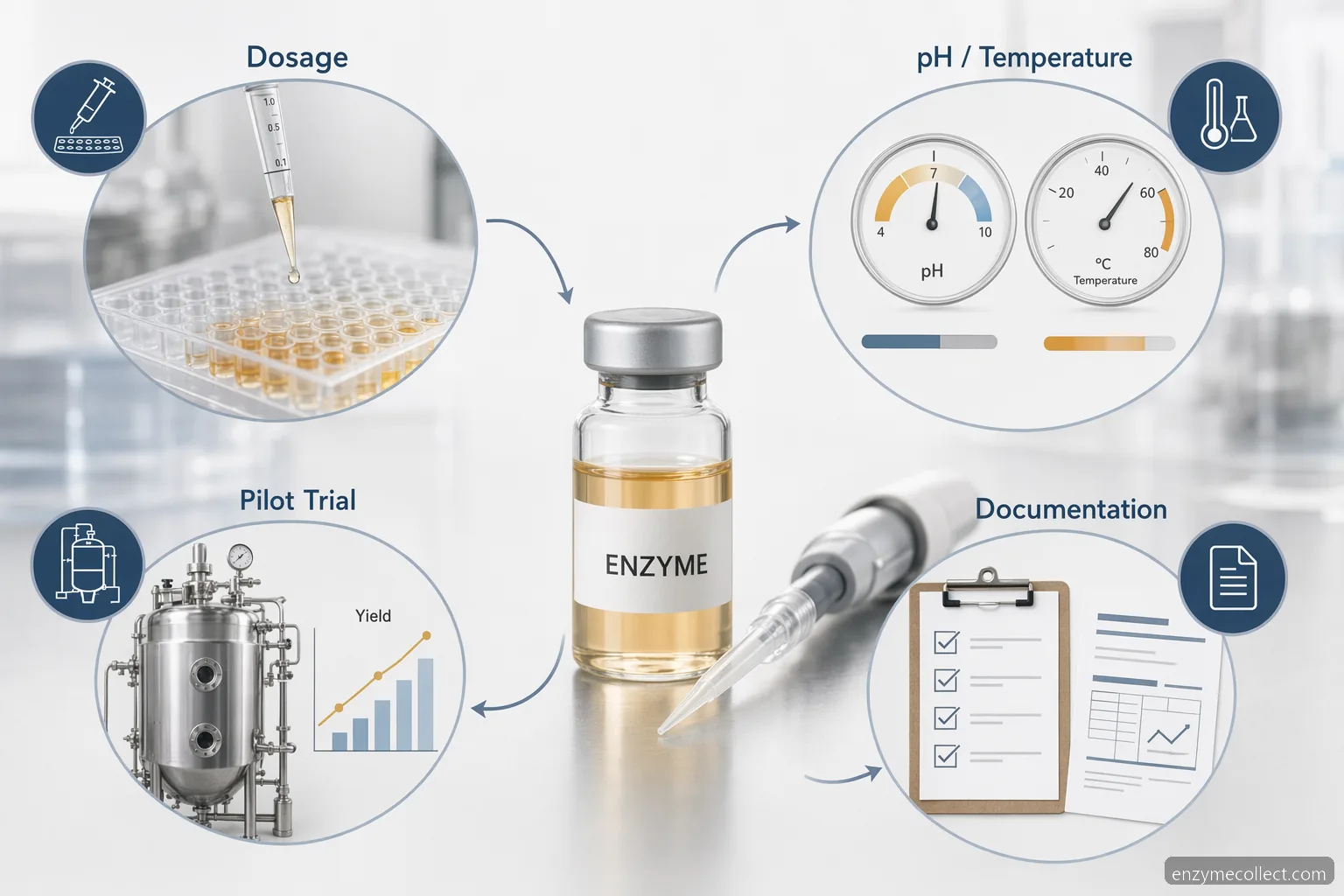 industrial enzyme testing testing for R&D trials: dosage, pH, temperature, and pilot validation infographic