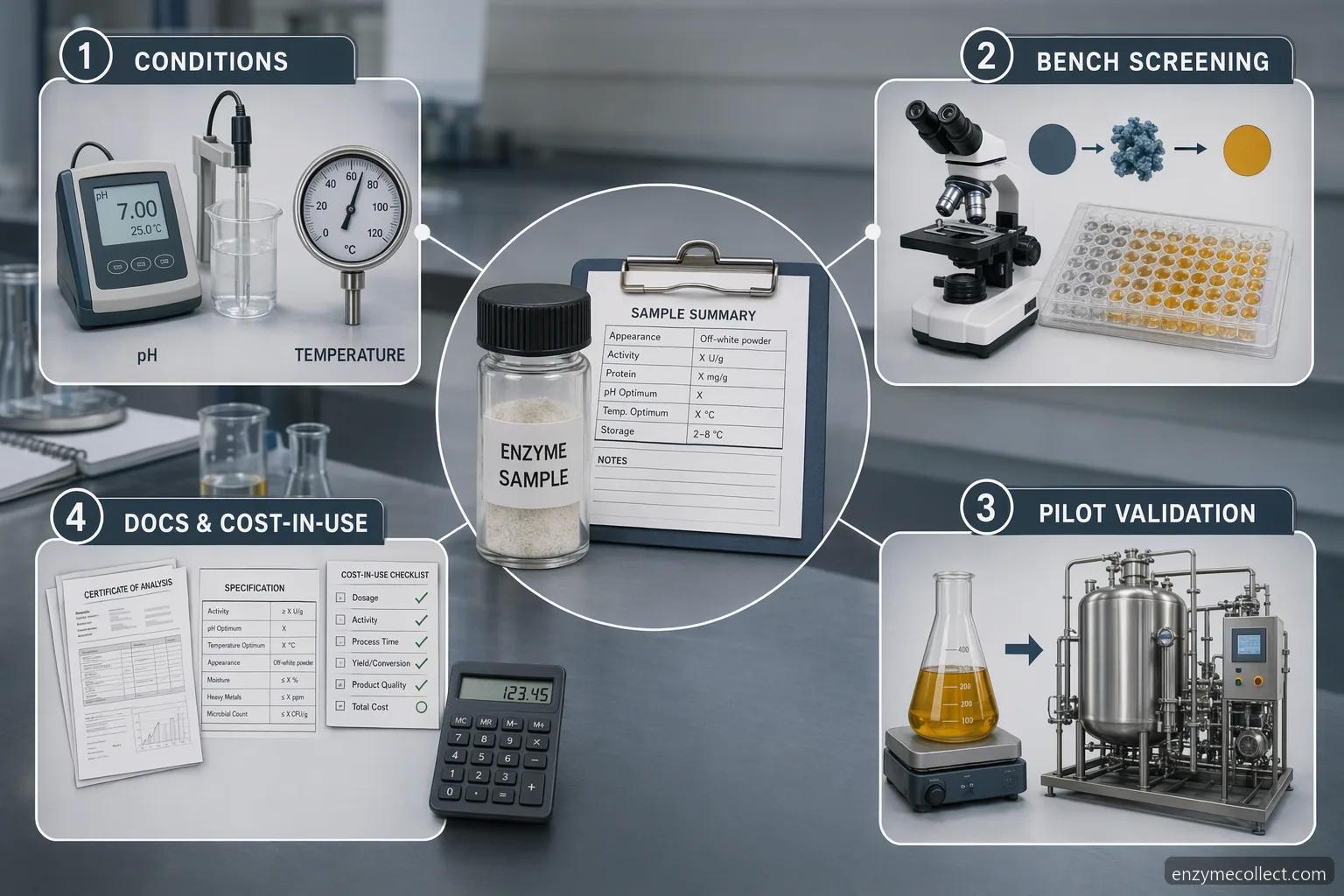 industrial enzyme trial order r&d enzyme samples, bench tests, pilot validation, documents, and cost checks